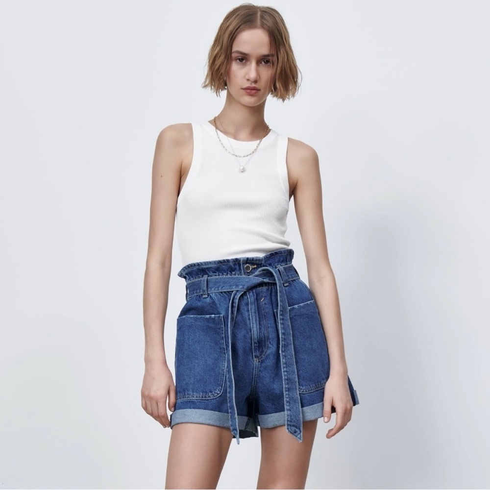 ZARA Paperbag Denim Bermuda Shorts Size 4 Medium Wash